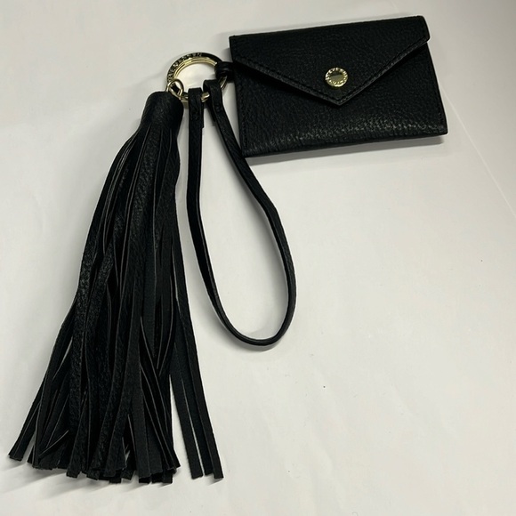 Steve Madden Credit Card Wristlet Wallet Keychain Tassel Black Pebbled Leather - Picture 1 of 3